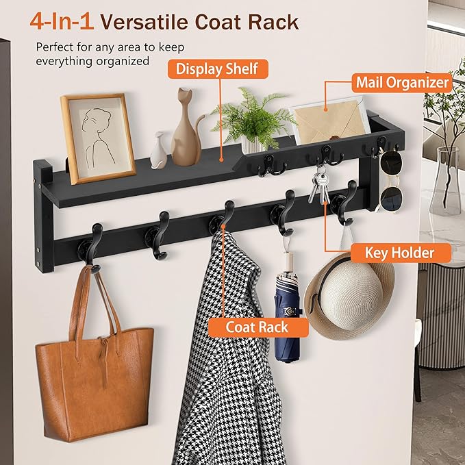 4 in 1 Coat Rack Wall Mount with Shelf, Coat Hooks 25.2" Entryway Coat Hanger with Key Hooks and Mail Holder, Wall Hooks with Shelf, Hat Rack for Wall Key Holder Mail Organizer