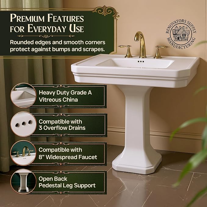 Renovators Supply Victorian 32" W Large Pedestal Bathroom Sink – Heavy-Duty White Porcelain, Pre-Drilled Widespread Faucet Holes, and Overflow