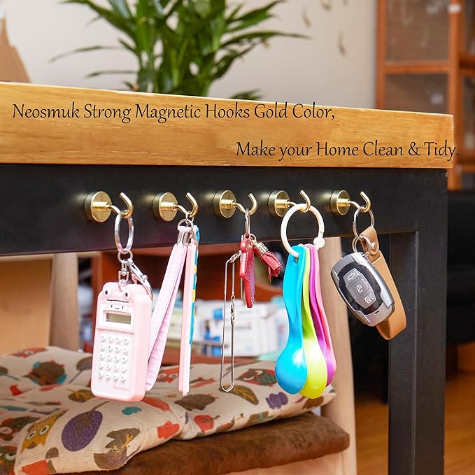 Neosmuk Magnetic Hooks,Heavy Duty Earth Magnets with Hook for Refrigerator, Extra Strong Cruise Hook for Hanging, Magnetic Hanger for Cabins, Grill (Gold, Pack of 4)