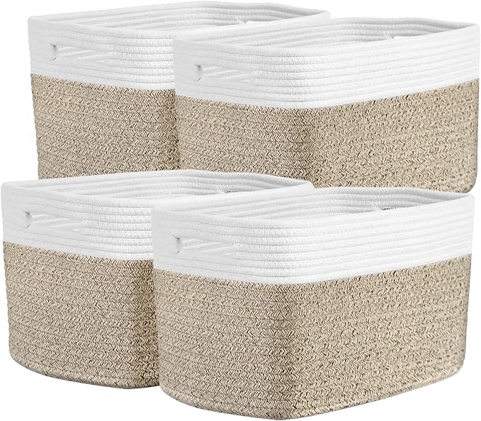 Storage Baskets for Organizing, 14 x 10 x 9” Closet Shelf Woven Baskets, Square Bins with Handles, Cotton Rope Basket for Toys, Clothes, Office, Room, White+Rice Brown 4 Pack
