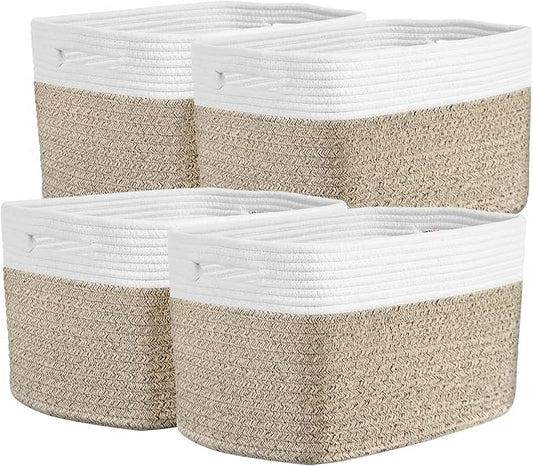 Storage Baskets for Organizing, 14 x 10 x 9” Closet Shelf Woven Baskets, Square Bins with Handles, Cotton Rope Basket for Toys, Clothes, Office, Room, White+Rice Brown 4 Pack