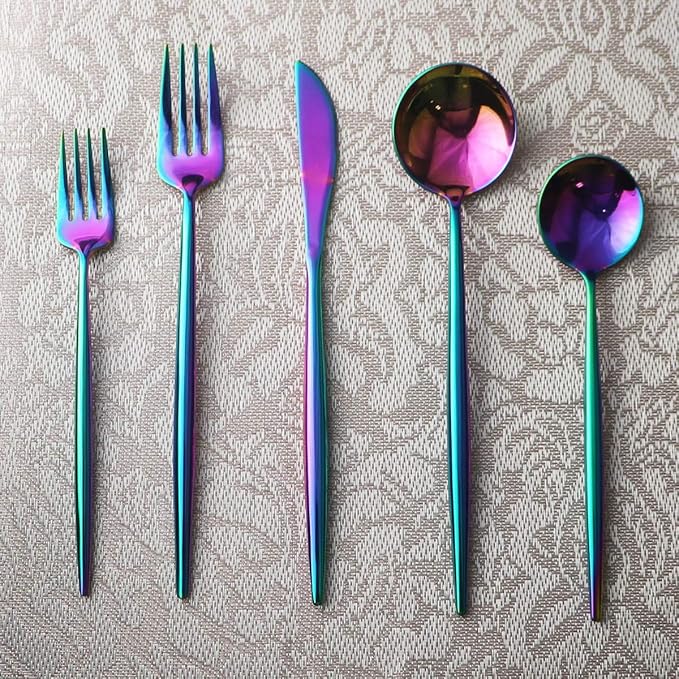 Gugrida Portable Silverware Set - 5-Piece Flatware Cutlery Set - 18/10 Stainless Steel - Mirror Polishing Rainbow Travel Elegant Modern Utensils - Service for 1 Include Steak Knife Dinner Fork Spoon