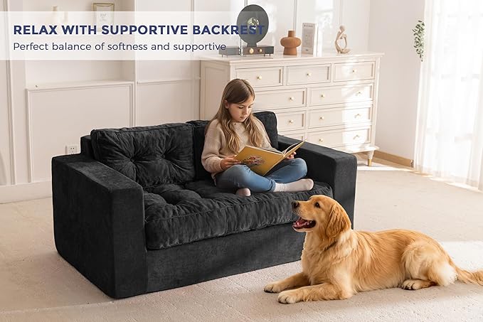 MAXYOYO Boneless Sofa Couch, Loveseat Sofa for Small Space, Tufted 2-Seater Floor Couch Bean Bag Chair for Living Room Bedroom Apartment, Sofa in a Box, No Assembly Needed, Black
