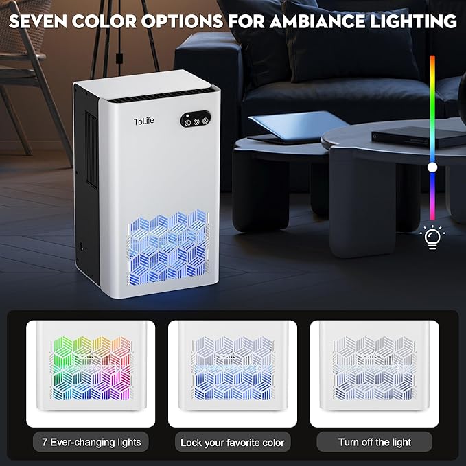 ToLife Dehumidifier for Home, 1000 sq.ft Dehumidifiers for Basement Bedroom Bathroom with 95 OZ Water Tank, Auto Shut Off 7 Colors LED Light, White Black