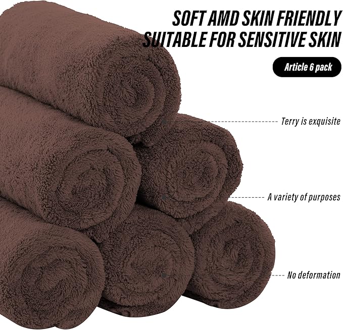 6 Pack Premium Hand Towels - Quick Drying - Microfiber Coral Velvet Highly Absorbent Towels - Multipurpose Use as Hotel, Bathroom, Shower, Spa, Hand Towel 16 x 28 inches (Wood Brown)