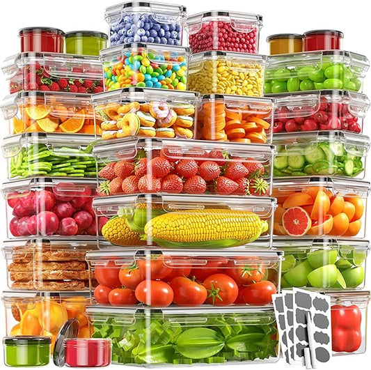 56 Piece Food Storage Containers with Lids(28 Containers & 28 Lids), BPA-Free Plastic Food Containers for Kitchen Storage and Organization, Leak Proof Meal Prep Container, Includes Labels & Pen