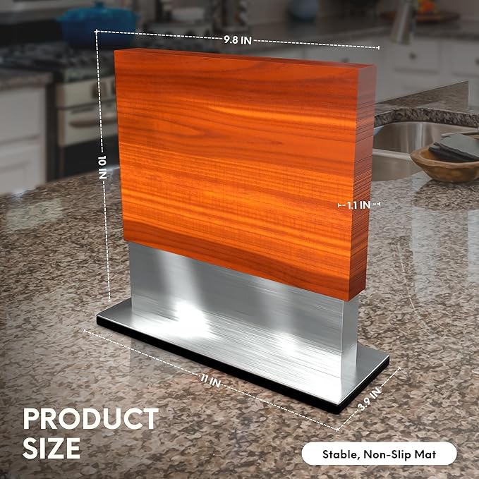 FOSSTA PRODUCTS Magnetic Knife Block – Acacia Wood Double-Sided Knife Holder with Steel Base & Strong Magnets, Modern Kitchen Knife Storage Stand (Knives Not Included)