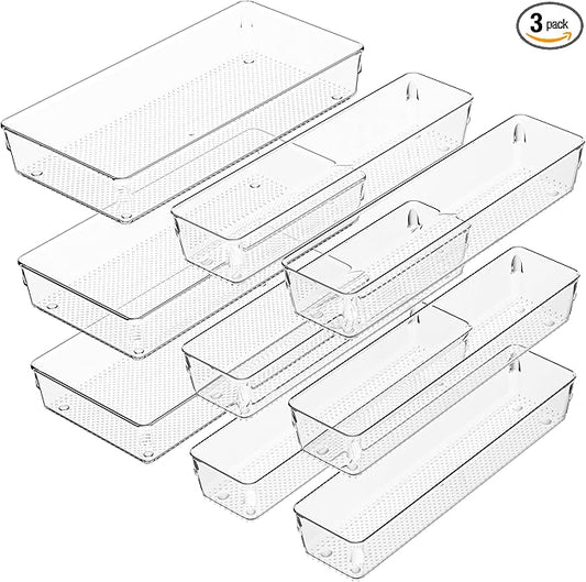 ihomecooker 3 Pack Clear Plastic Drawer Organizer Tray Cutlery Utensil Makeups Drawer Silverware Organizers 12" X 6"&12＂X3＂(9Pack)
