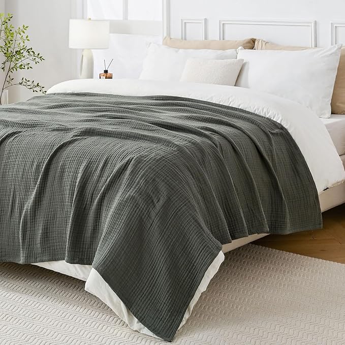 Muslin Blanket 100% Cotton Blanket Throw 108”x90”, Lightweight Breathable Summer Blanket Throw. Supersoft 4-Layer Gauze Throw Blanket for Sofa, Couch, Bed, All-Season Use, Dusty Olive