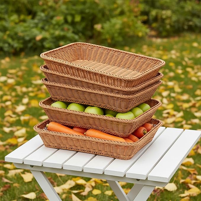 5 Pack 15.8 Inch Large Wicker Bread Baskets, Brown Woven Serving Basket Trays for Food, Bread, Fruits, Vegetables, Snacks - PVC Rattan Display for Restaurant & Home
