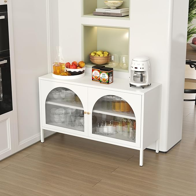 Metal TV Stand, Modern Storage Cabinet with 2 Acrylic Doors, Display Hallway Cabinet with Adjustable Shelf, Living Room Storage Cabinet for Home,Office,Entryway,Dining Room,Bedroom,White