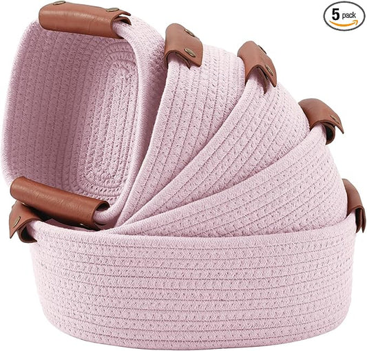 5 Piece Storage Baskets Small Woven Basket with Detachable Leather Handle, Cotton Rope Shelf Baskets for Closet Organizers, Different Sizes Basket Decor, Light Pink
