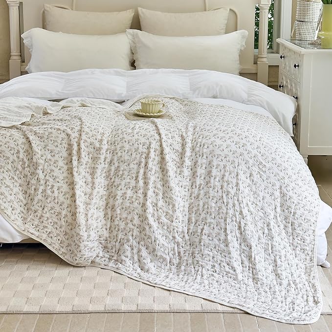 SANACYNA Muslin Blankets 100% Cotton 6-Layer Gauze King Floral Pattern Bed Blanket Lightweight Soft Breathable Decor Quilt for Sofa Couch Coverlet All Season (Floral A, King 90" X 104")