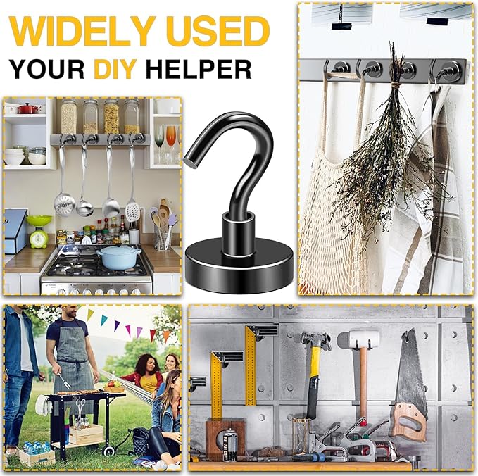 DIYMAG Magnetic Hooks,10pack Magnet Hook Essentials Strong Heavy Duty Magnetic Hooks for Hanging Kitchen Refrigerator Classroom Cruise Cabins Accessories Hooks Black