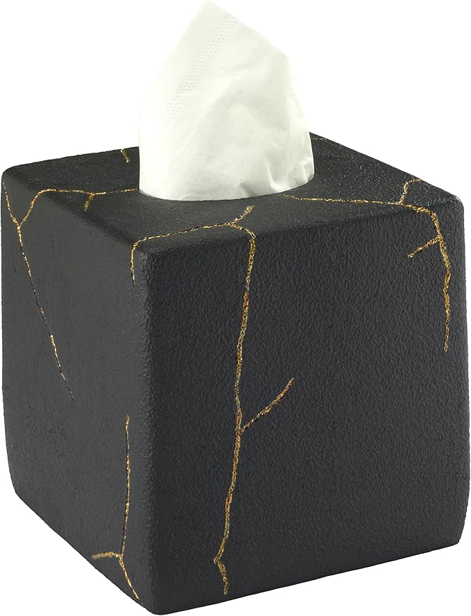 Nicole Miller - Tissue Box Cover, Resin Countertop Accessories, Dorm Room Essentials (Sydney Collection, Black/Gold)