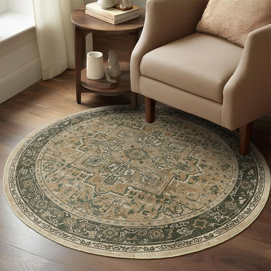 Round Washable Rugs 4ft for Bedroom Living Room, Low Pile Thin Entryway Area Rugs Non Slip, Traditional Medallion Printed Circle Carpet for Kitchen Dining Room, Multi Brown/Green