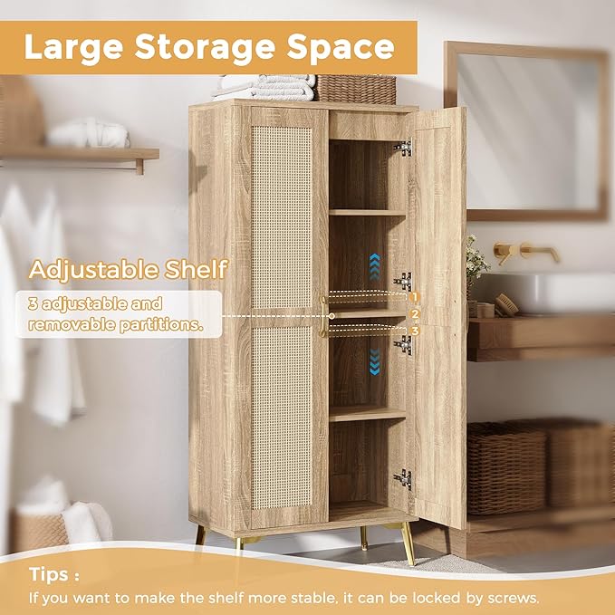 JASIWAY Tall Bathroom Storage Cabinet with Doors and Shelves, 57" Linen Deep Floor Cabinet for Laundry Room Kitchen, Freestanding Pantry for Towel, Adjustable Shelves, Anti-Tipping Device, Wood