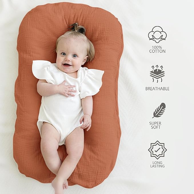 Muslin Baby Cover for Newborn, Soft and Breathable 100% Cotton Lounger Slipcover Neutral, Pack of 2(Caramel)