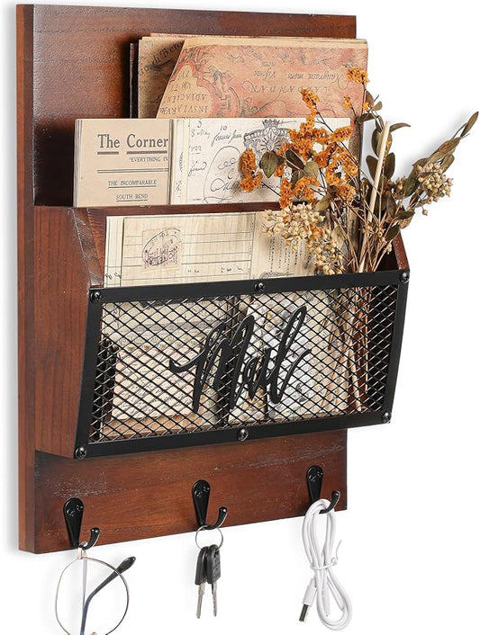 Farmhouse Mail Organizer Wall Mounted Rustic Mail Holder Hanging Key Sorter with 3 Hooks Indoor Wooden Wall Mounted, Letter, Magazines, Newspapers, Keys (Classics,Dark Brown)