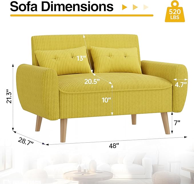 JAMFLY 47'' Small Loveseat Sofa, 2 Seat Compact Couch with Tapered Legs, Yellow Upholstered Furniture, Solid Wood Frame, Comfy Foam Cushion, Easy Assembly for Small Spaces