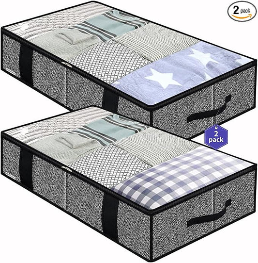 Onlyeasy Underbed Fabric Storage Bags Organizer with 4 Handles, 2 Zippers and Large Clear Window, for Clothes, Blankets, Bedding, Foldable with Sturdy Structure, 2 Pack, Linen-like Black, MXAUBBSS2P