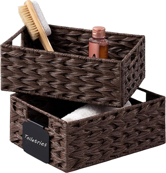 Storage Baskets with Label — Wicker Pantry Baskets for Shelves, Waterproof Woven Basket for Organizing, 2-Pack Plastic Rectangle Organizers with Handles, Dark Brown (10L×8H×4W)