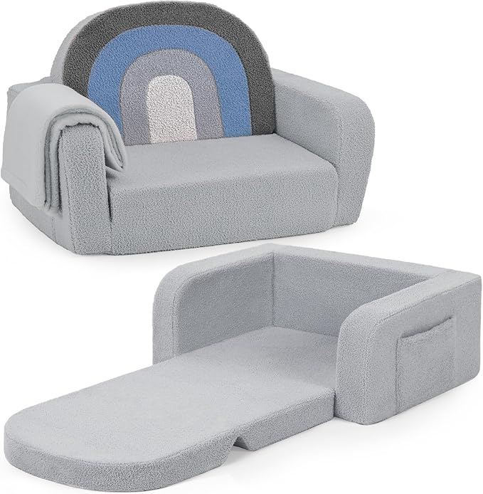 Kids Couch, 2-in-1 Soft Toddler Couch Fold Out with Blanket, Comfy Toddler Chair, Convertible Sofa, Gifts for Kids Girl Boys, Medium Blue Rainbow