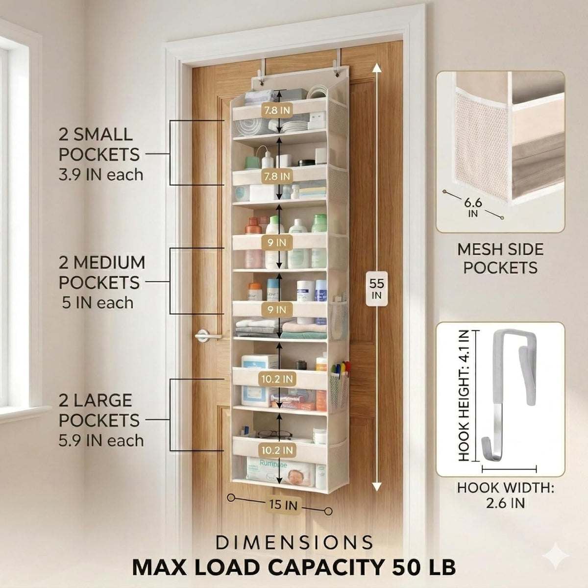 Over-Door Organizer with 6 Pockets + 12 Mesh Sides — Holds 50lbs, No Drilling (Ivory)