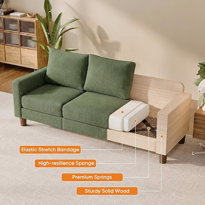 JUMMICO L Shape Sectional Sofa Couch, 3 Seat Convertible Sofa with Movable Ottoman and Side Storage Pockage, Modern Sofa Small Couches for Living Room & Apartment and Small Space (Corduroy, Green)