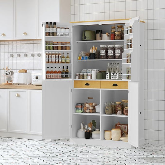 Merax 71.3" Tall Kitchen Storage Cabinet Pantry Farmhouse Freestanding Large Cupboard with 2 Drawers,2 Adjustable Shelves,8 Door-Shelf for Dining Room,White