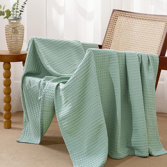 PHF Lightweight Waffle Weave Throw Blanket 50"x 60", Soft Woven Summer Blanket for Hot Sleepers - Aesthetic Home Decor for Couch Bed Sofa, Pet Friendly, Sage Green