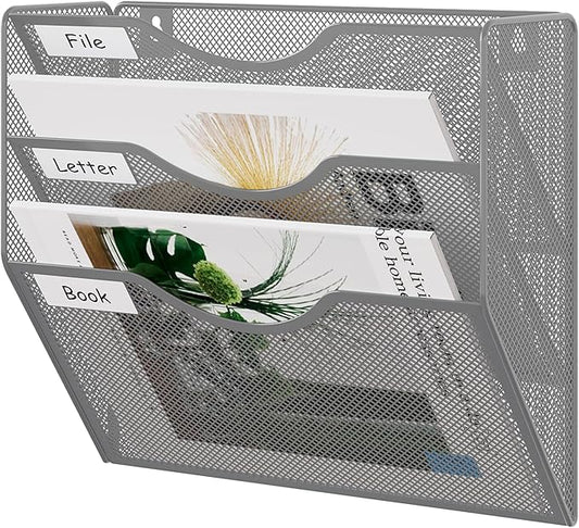 EasyPAG 3 Pocket Mesh Wall File Organizer, Hanging Paper Folder Holder with Classify Label, Vertical Wall Mount Mail Organizer for Office Home Classroom, Silver