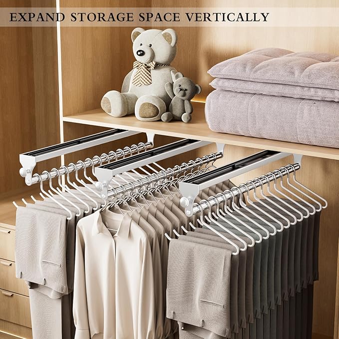 2 Pack Pull Out Closet Valet Rod, Heavy Duty Adjustable Closet Rod, 13.7inch Telescopic Pant Rack, Space Aluminum Clothes Hanger Rail, Closet Storage Organizer for Trousers Clothes White