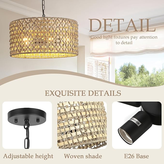 5-Light Boho Rattan Pendant Light, 18" Hand Woven Chandelier Wicker Coast Light Fixture Bohemian Hanging Ceiling Lights Natural Lighting for Dining Room Kitchen Island Living Room Bedroom