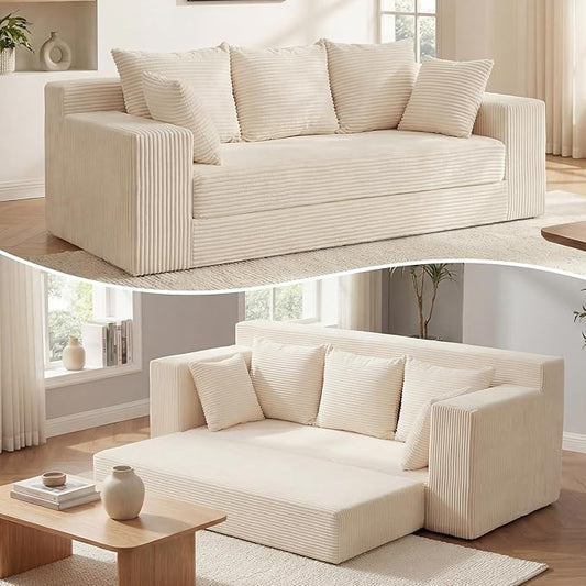 Convertible Sofa Bed, 5 in 1 Small Boneless Couch Pull Out Loveseat Sleeper Sofa,Corduroy Futon Couch Folding Mattress with 4 Pillows for Living Room Bedroom Lounge (No Assembly)