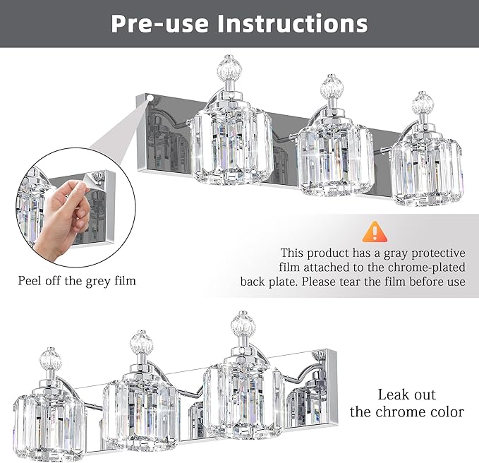 3-Light Bathroom Vanity Light - Crystal Bathroom Lighting Fixtures Over Mirror with 60w(Max) E12 Base, 42pcs Crystal Sheet, Chrome Vanity Lights for Bath Room