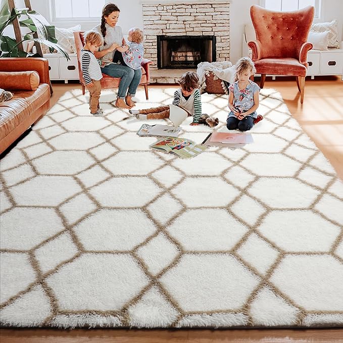 ONASAR 7x9 Area Rugs for Living Room Bedroom, Large Fluffy White and Beige Throw Rug, Geometric Soft Plush Shaggy Indoor Floor Carpet for Nursery Kids Girls Boys Teen Dorm Home Decor Aesthetic