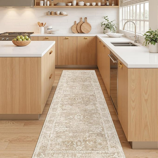 Madane 2x6 Runner Rug for Kitchen, Washable Vintage Hallway Rug with Non-Slip Rubber Backing, Soft Low Pile Throw Carpet Runner for Entryway Laundry Bathroom Bedroom Living Room (2 x 6, Beige/Brown)