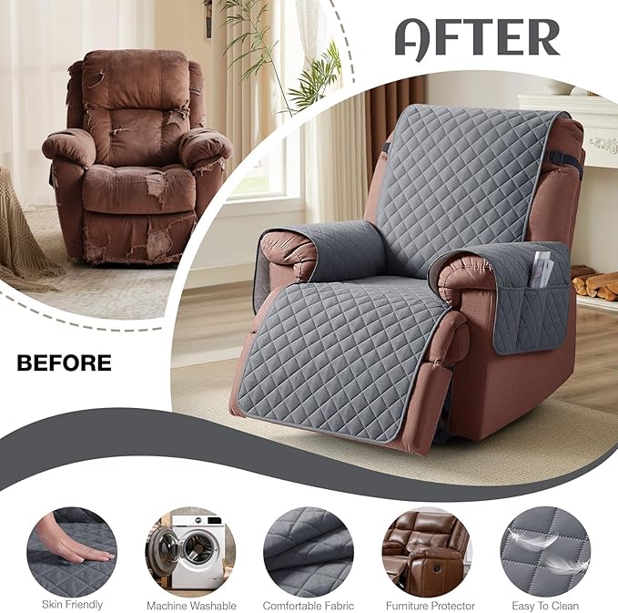 KinCam 100% Waterproof Recliner Chair Cover, Reclining Couch Covers for Pets, Dogs, Recliner Couch Slipcover Furniture Protector with Elastic Straps for Kids(28", Dark Gray)