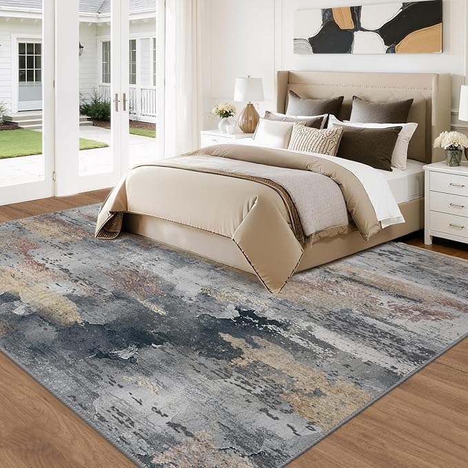 Washable Area Rugs 6'x9' Non-Slip Modern Abstract Soft for Living Room Entryway Bedroom Nursery, Print Pattern, Charcoal Brown