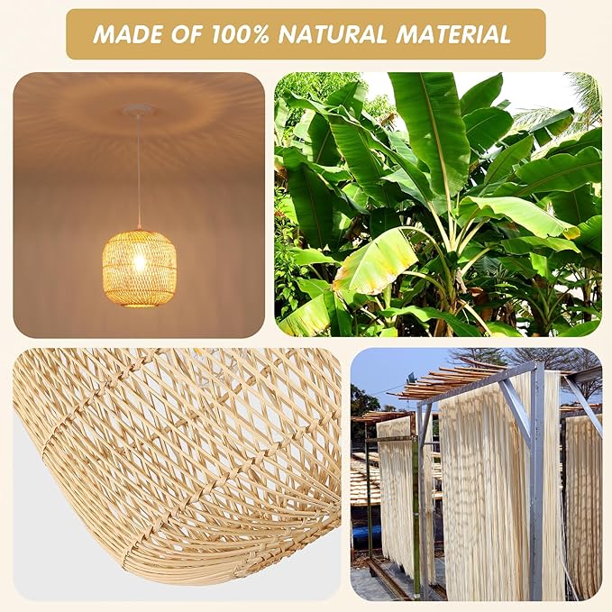 Hand-Woven Rattan Pendant Light, 11in Rattan Chandelier Boho Wicker Hanging Lighting Fixture Coastal Pendant Lights for Kitchen Island Dining Room Bedroom Foyer Entrance