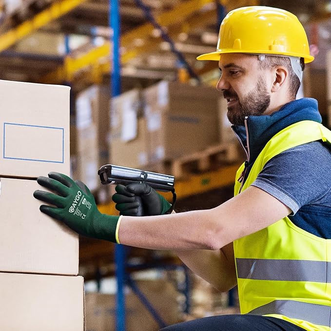 Work Gloves for Men and Women,12 Pairs Seamless Knit PU Coated Safety Gloves, with Smooth Grip on Palm and Fingers, Ideal for Light Warehouse, Manufacturing, Gardening, KG11P (S,Dark Green)