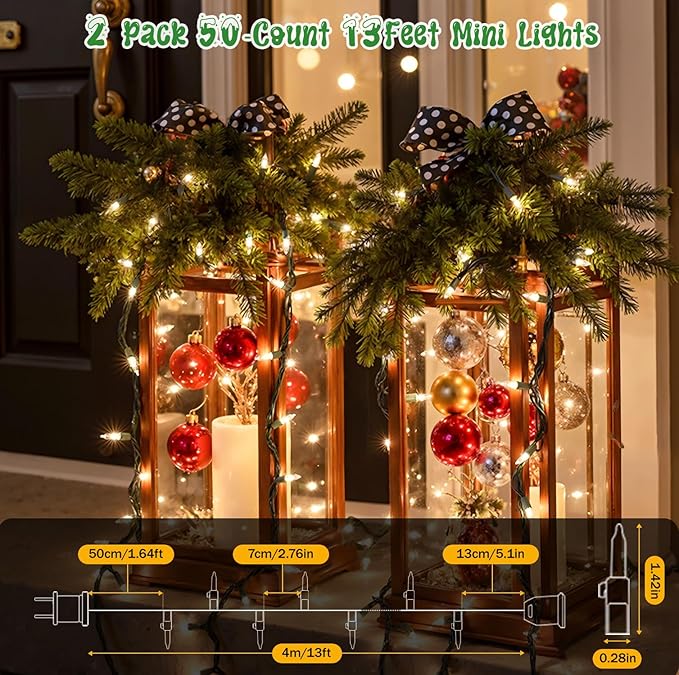 2Pack 50-Count Warm White Christmas Lights, 13FT Incandescent Mini String Lights Green Wire, UL Certified Connectable Christmas Tree Light for Indoor, Outdoor Xmas, Holiday, Home Decorations