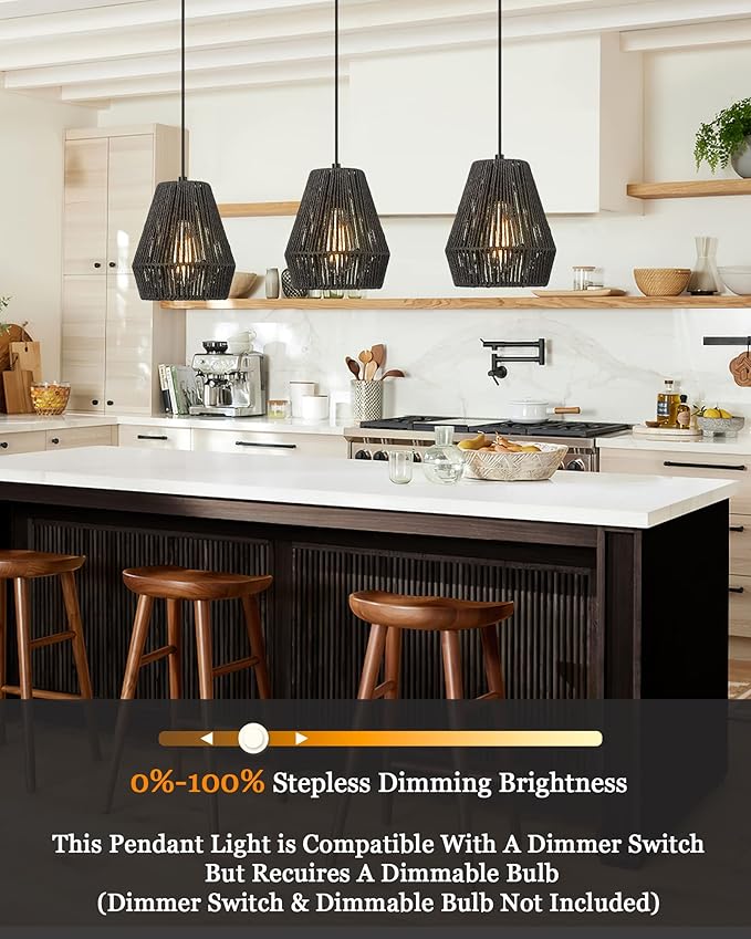 ELYONA Modern Woven Pendant Light Fixtures, 7" Farmhouse Coastal Hanging Lamp, Matte Black Handwoven Rattan Basket Shade, Boho Pendant Light for Kitchen Island Bar,Dining Room, Bedroom,Hallway 3 Pack