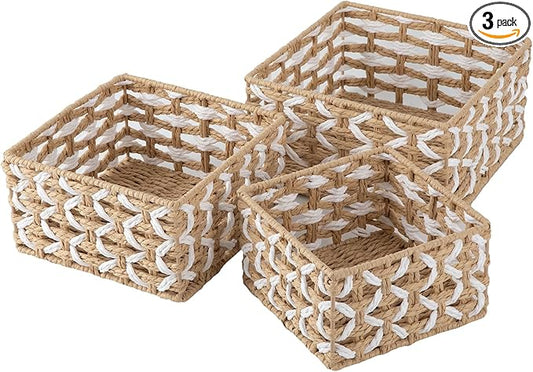 OIAHOMY Storage Baskets Paper Rope Shelf Baskets, Handwoven Small Wicker Bins for Home, Set of 3-Yellow & White