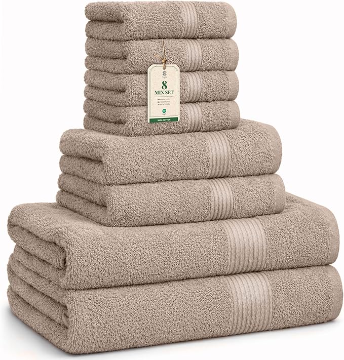 Luxe Set Bath Towels, Hand Towels, Washcloths, 100% Cotton, Soft and Absorbent, Sand/Beige, 65x54 in, 40x28 in, 30x30 cm