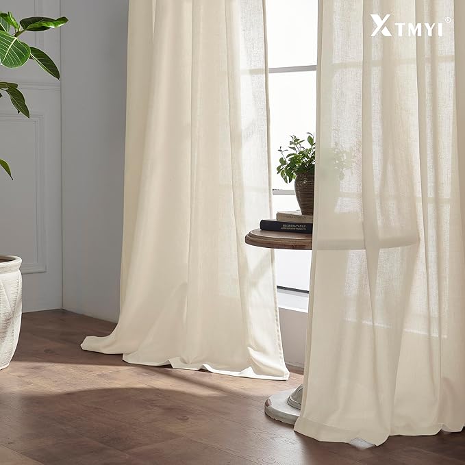 XTMYI 63 Inches Long Beige Country Curtains for Living Room,Sheer Linen Curtains for Bedroom
