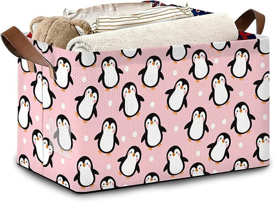Cute Penguin Collapsible Storage Box,Organizer Bin with Handles for Room Decoration,Bins Book Basket Box 17x11.5x10Inch