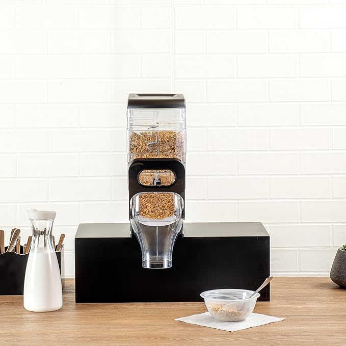 Restaurantware Cereal Dispenser 2 gal Plastic Gravity Bin Candy Dispenser Self-Serve Black Dry Food with Stand for Breakfast Buffet or Hotel Use