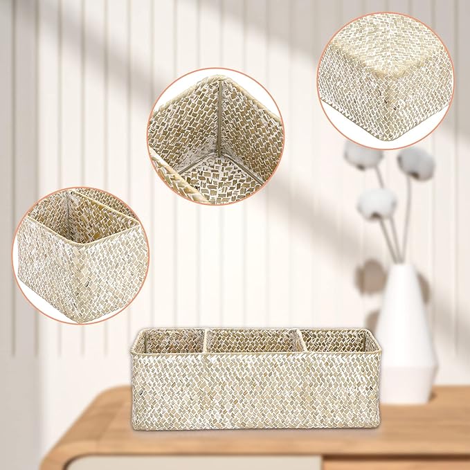 Hipiwe Seagrass Storage Basket Bin- 3 Sections Hand-Woven Toilet Basket Wicker Shelf Bathroom Organizer Bins for Shelves, Kitchen, Closets, Toilet Paper Tissue Organizer